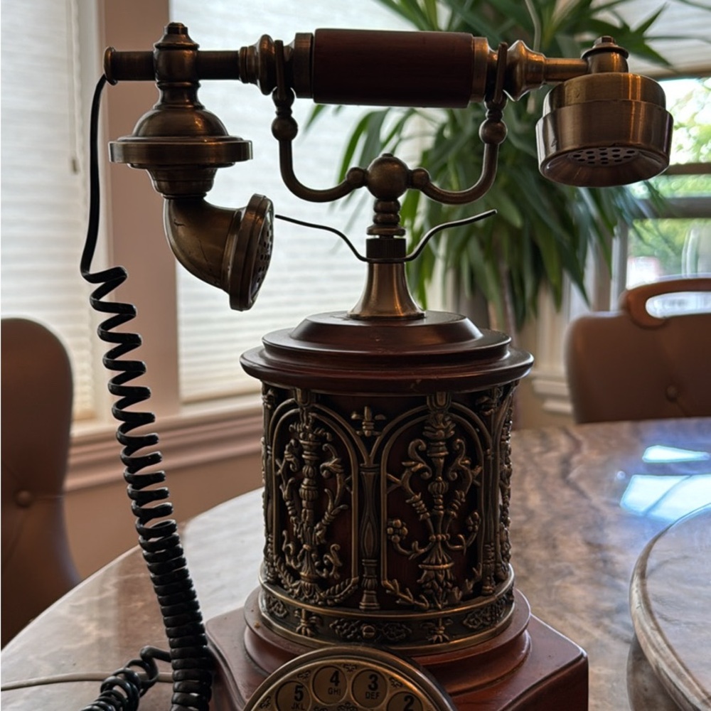 Vintage Style Bronze and Wood Rotary Phone
